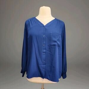 Denim & Co Size 1X Blue Long Sleeve V-Neck Button Front Shirt Stretch